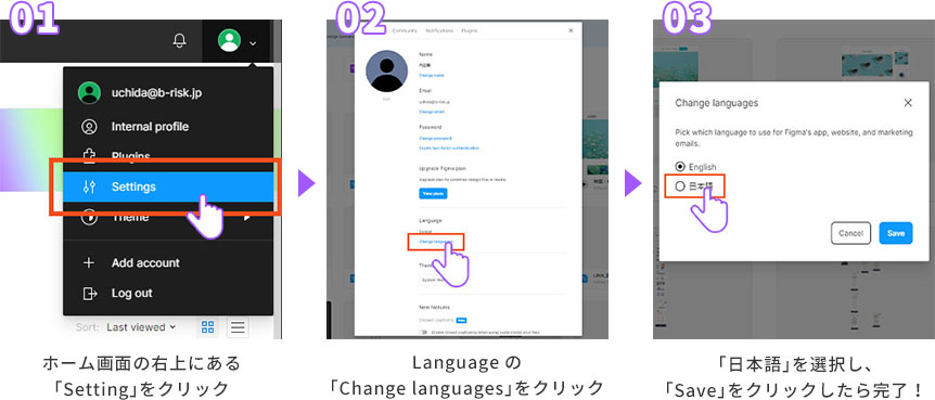 ホーム画面の右上にある「Sutting」をクリック→Languagesの「Dhange Languages」をクリック→「日本語」を選択し、「Save」をクリックしたら完了